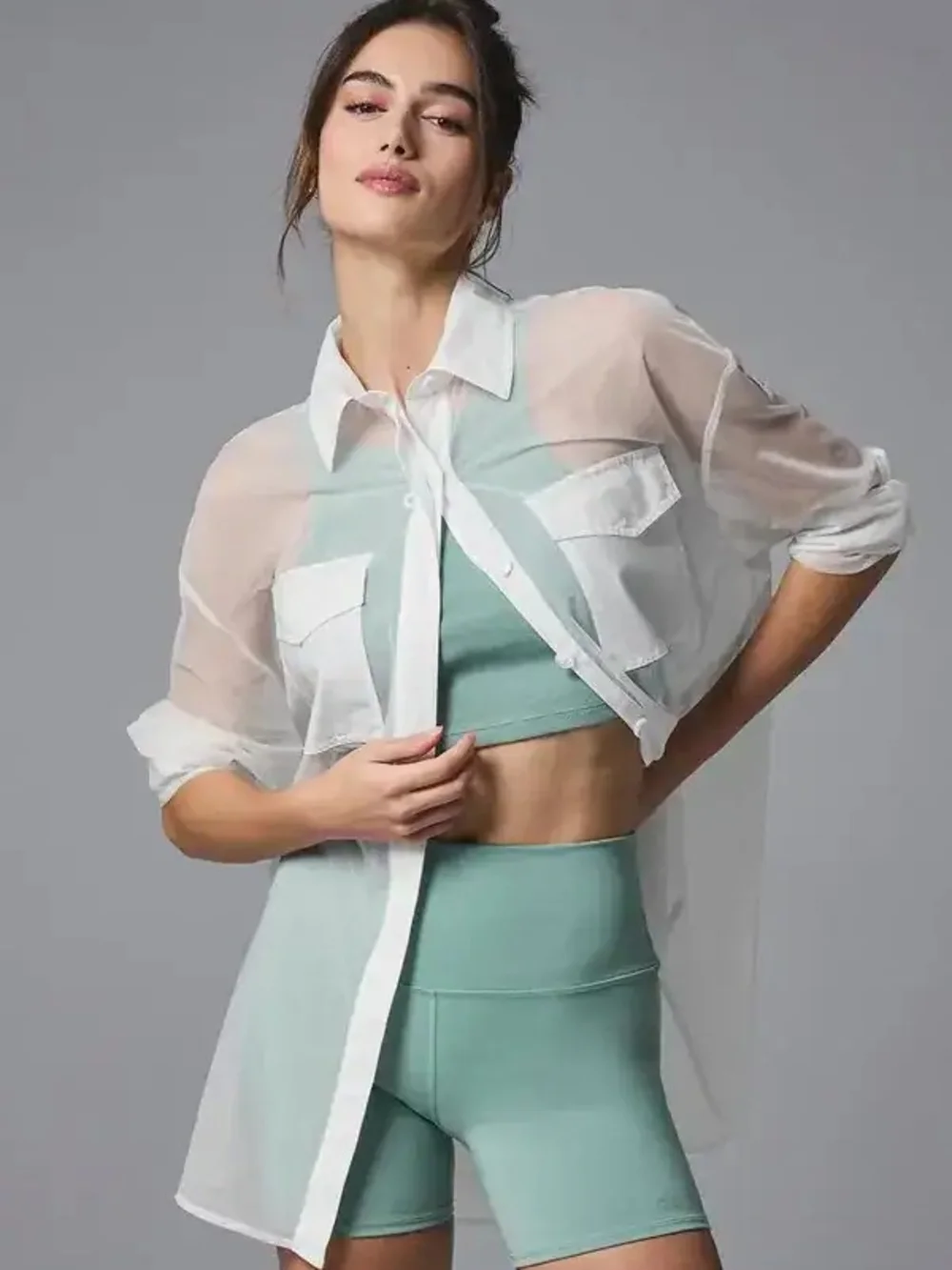 ALO Yoga Sheer White Cropped Button-Down Shirt - Picture 1 of 7
